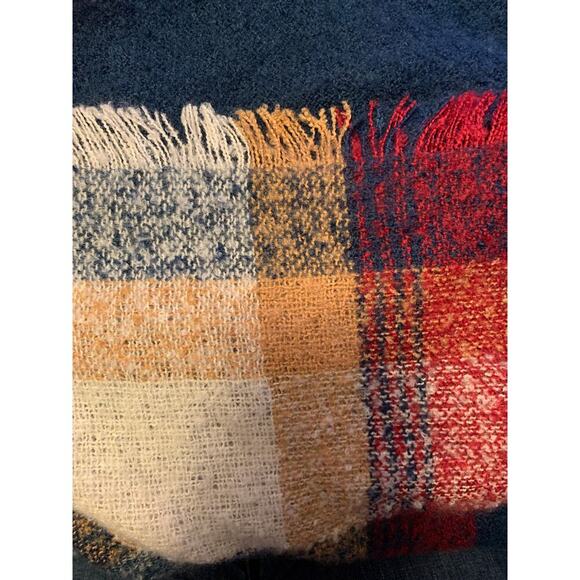 Sonoma Blue, Red, Mustard & White Plaid Fringe Triangle Scarf - Picture 2 of 4